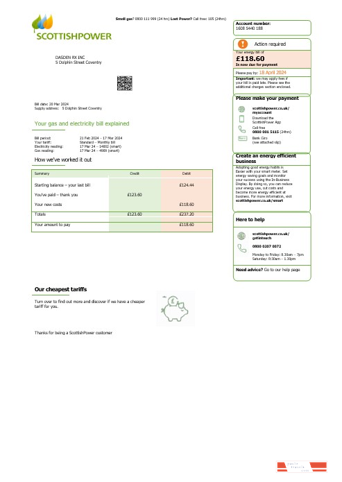 United Kingdom Scottish Power business utility bill Word and PDF template PSD template